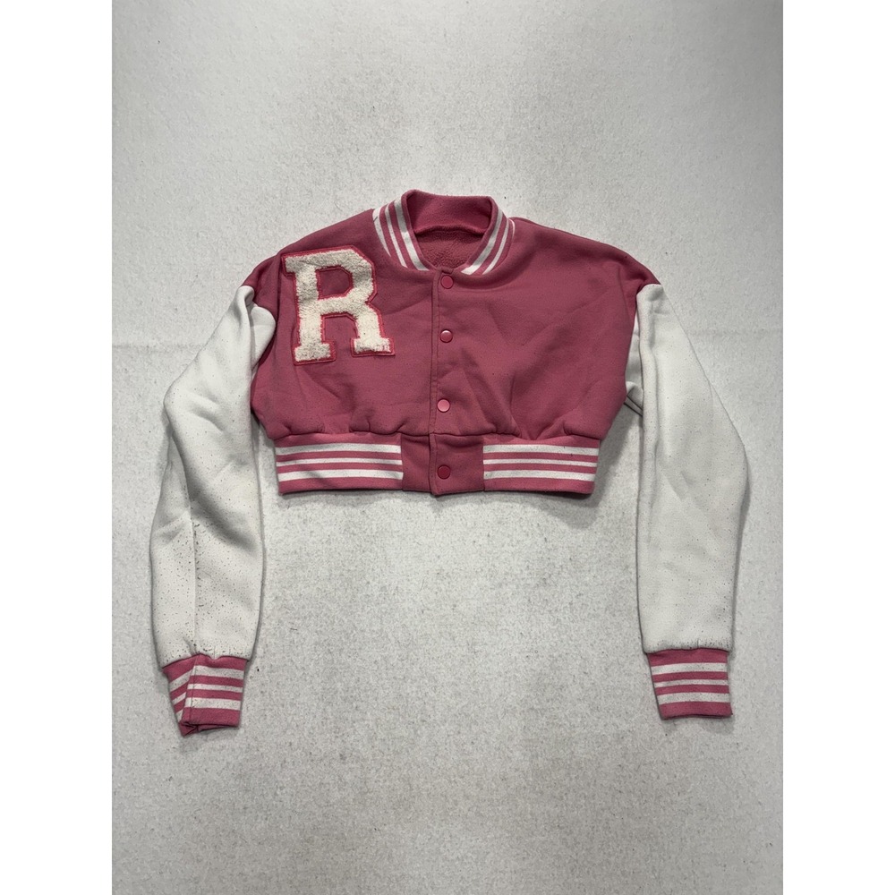 SHEIN Jacket Womens XS Pink Varsity Bomber Letter R Cropped Snap Front Fleece